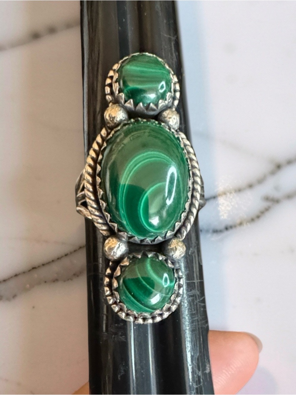 Sterling Silver Triple Malachite Cabochon Ring